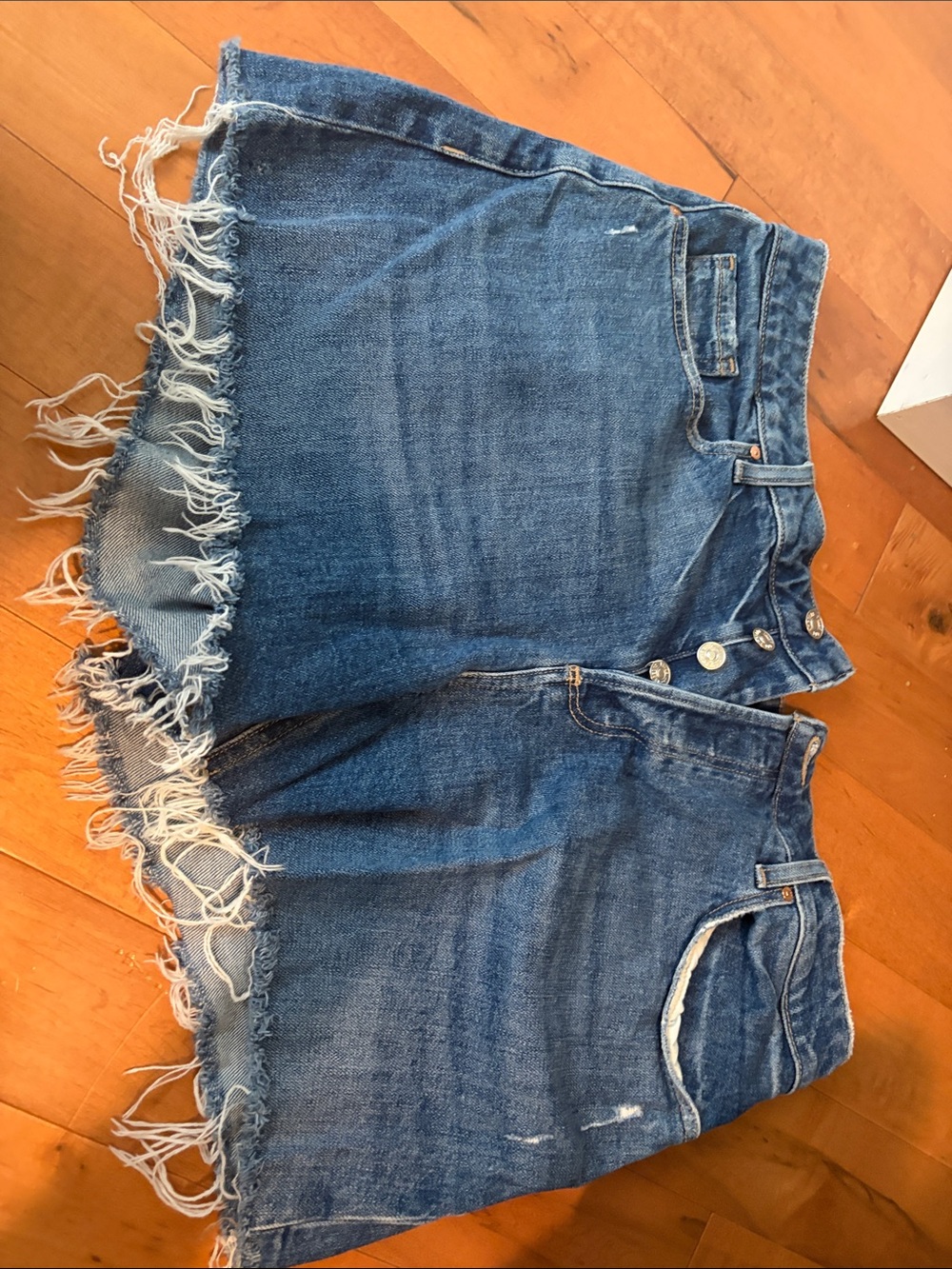 PAIGE Blue Distressed Frayed Denim Shorts